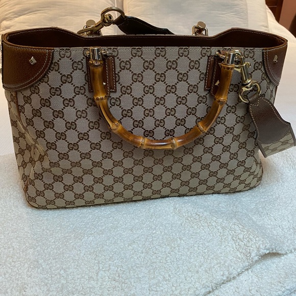 Gucci Logo Bamboo Shopper Tote w/ Shoulder Strap - Picture 2 of 14